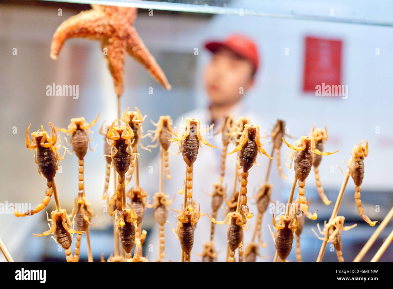 China Beijing Scorpions and starfish at Donghuamen Night Market, located in the northern end of Wangfujing. Stock Photo