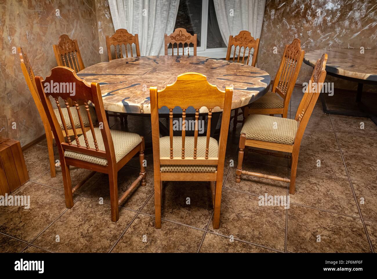 Table and chairs. Handmade wood products. Stock Photo