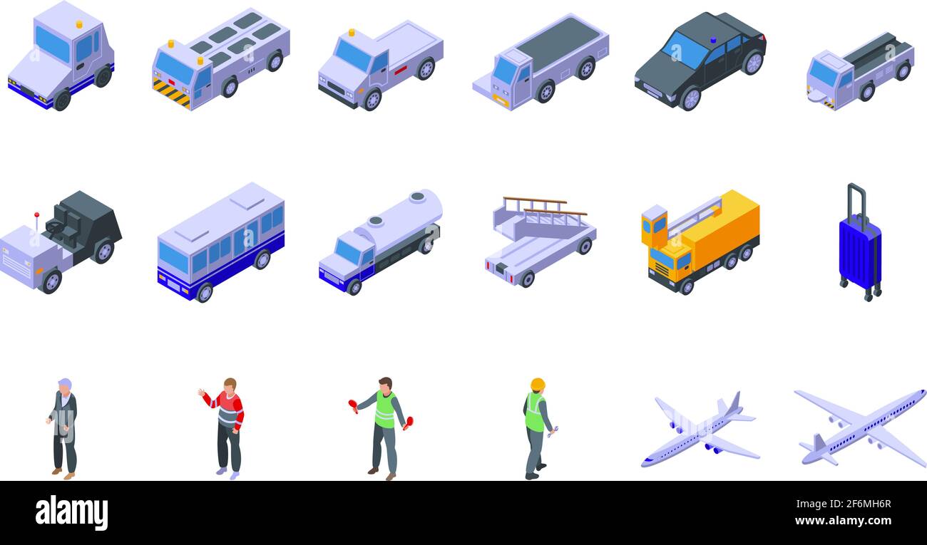 Airport ground support service icons set. Isometric set of airport ground support service vector icons for web design isolated on white background Stock Vector
