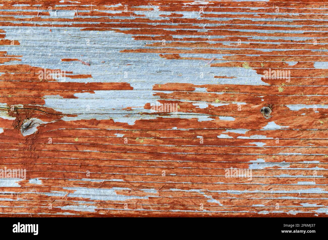 Close up of outdoor cedar wood with faded stain plus mildew in full
