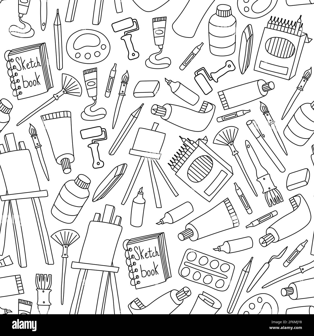 Art supplies seamless pattern. Black outline hand drawn tools for painters on white background. Vector illustration. Stock Vector