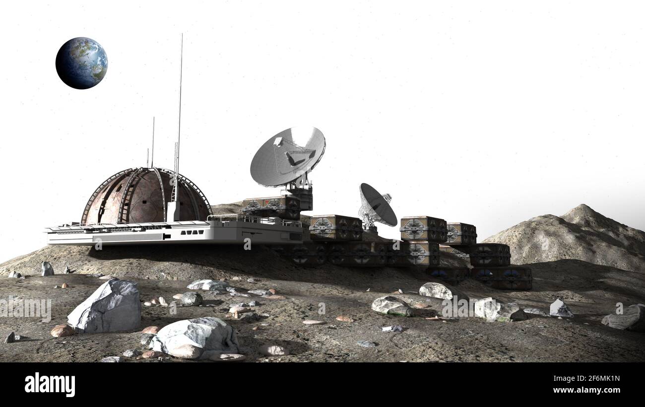 3D Illustration of a lunar base with a dome structure, research modules ...