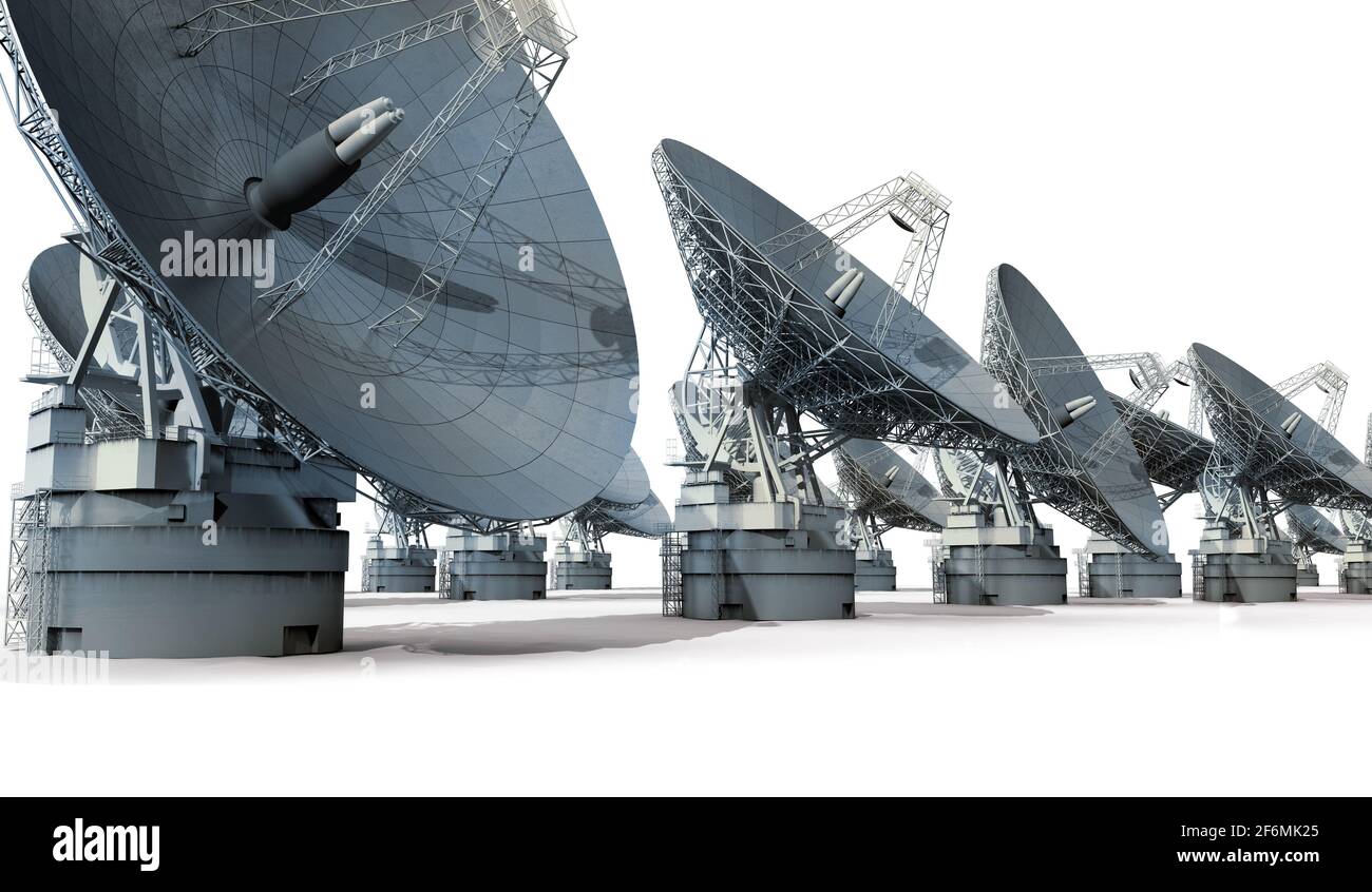 3D Illustration of a satellite dish array of antennas, with the work