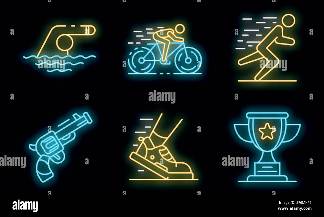 Triathlon icons set. Outline set of triathlon vector icons neon color ...