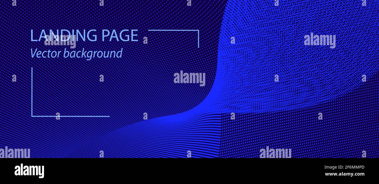 Abstract landing page template, blue waveform. Pattern of points, particles. Dark blue background. Spotted curves. Vector cyberspace concept. EPS10 Stock Vector