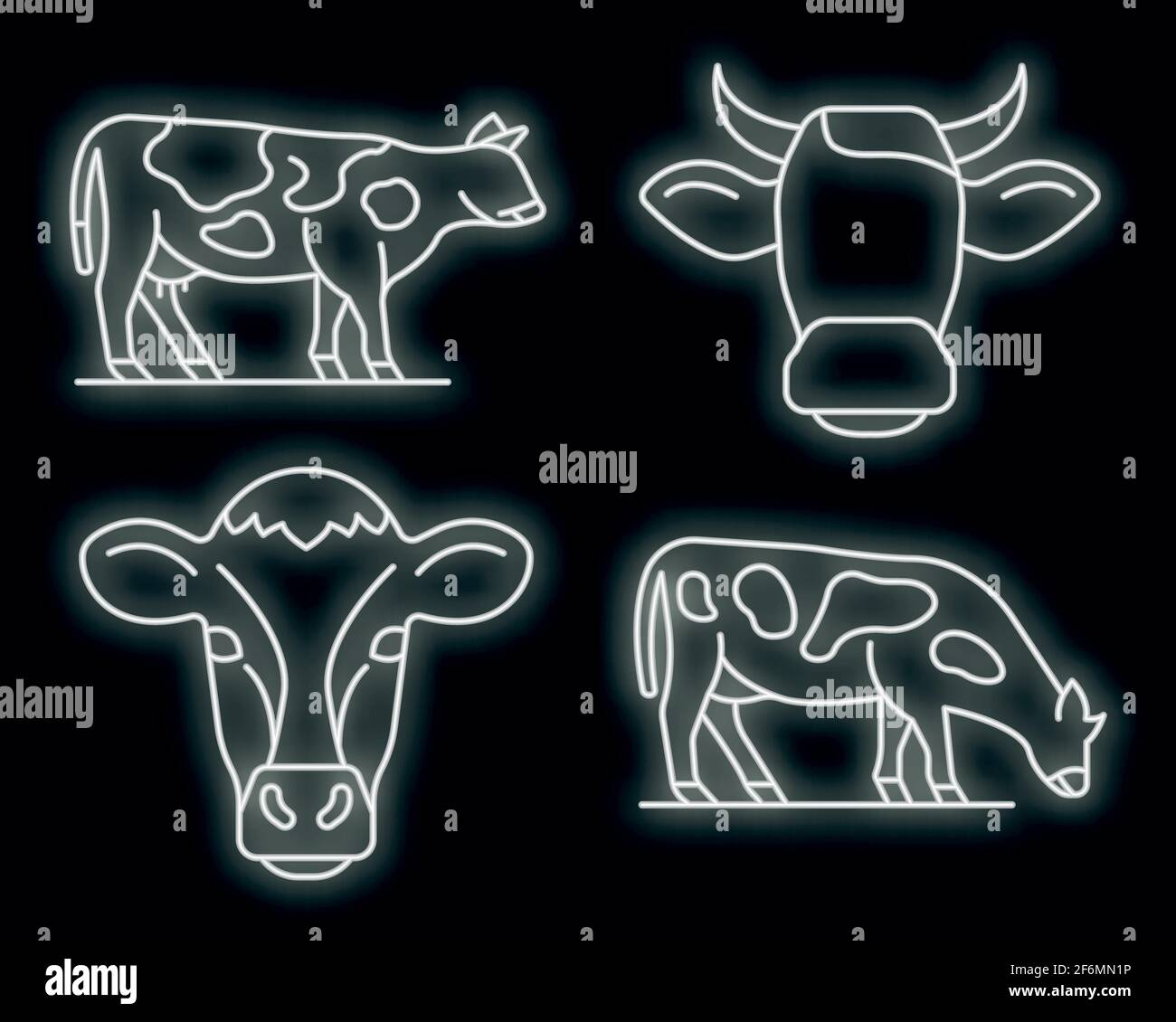 Cow icons set. Outline set of cow vector icons neon color on black ...