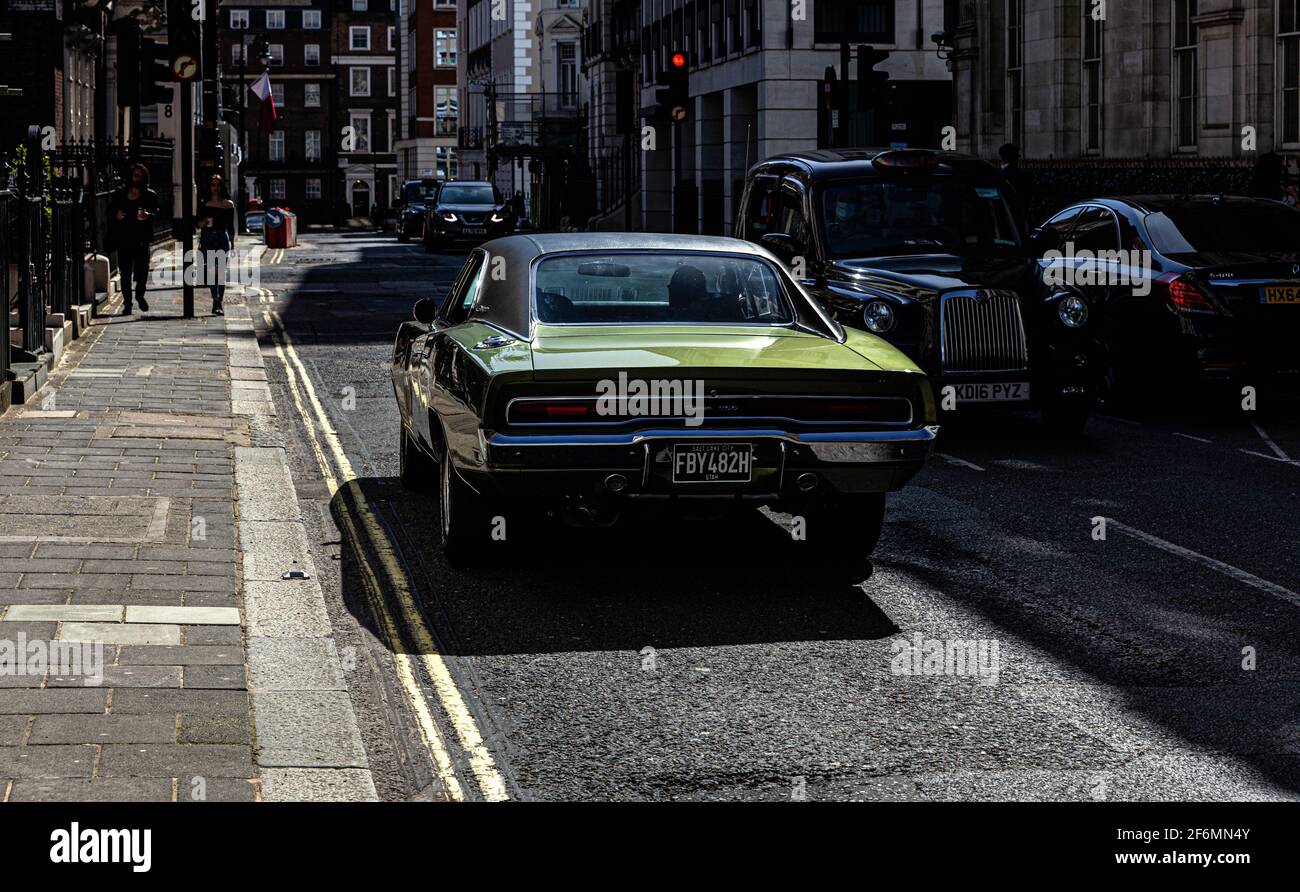 Rear view of a Dodge Charger 500 car on Park Street, Mayfair, London, England, UK. Stock Photo
