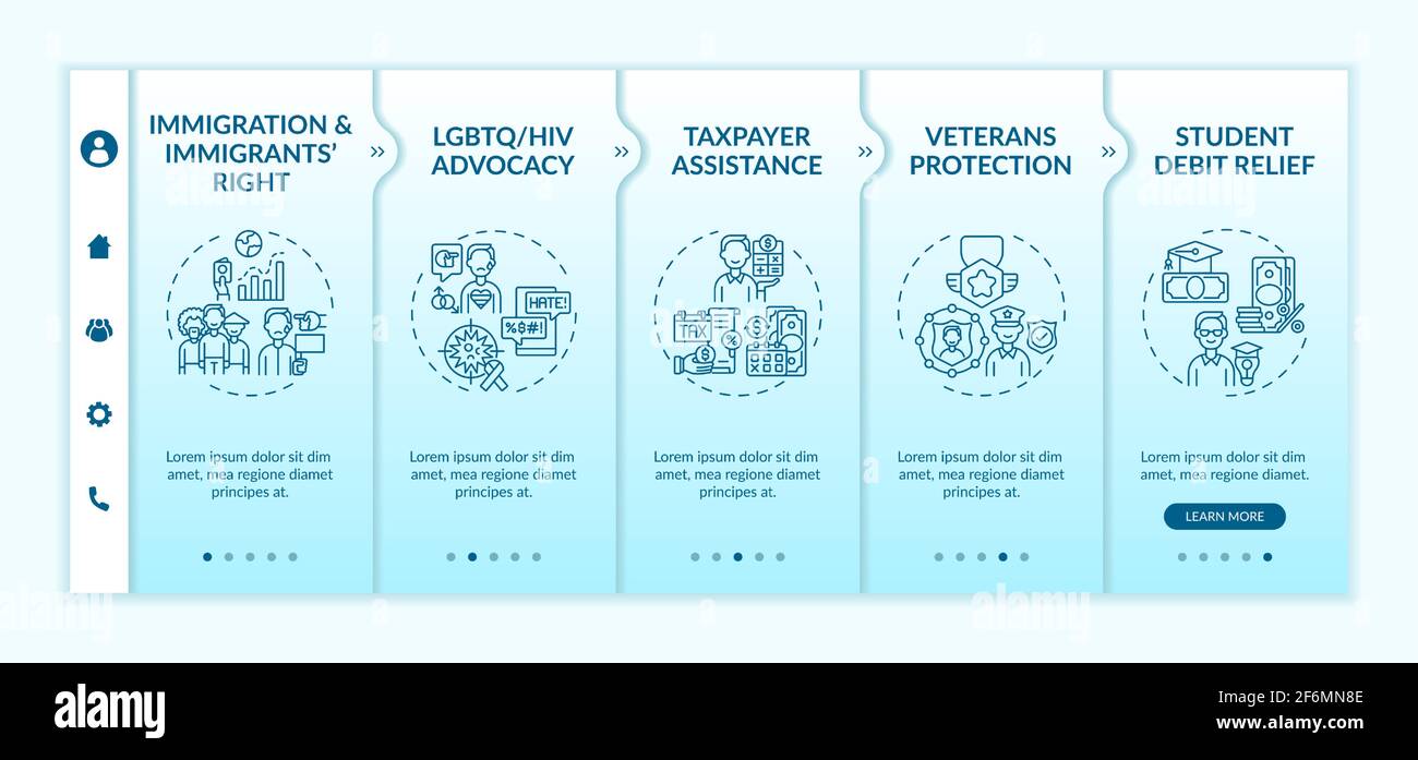 Legal services types onboarding vector template Stock Vector