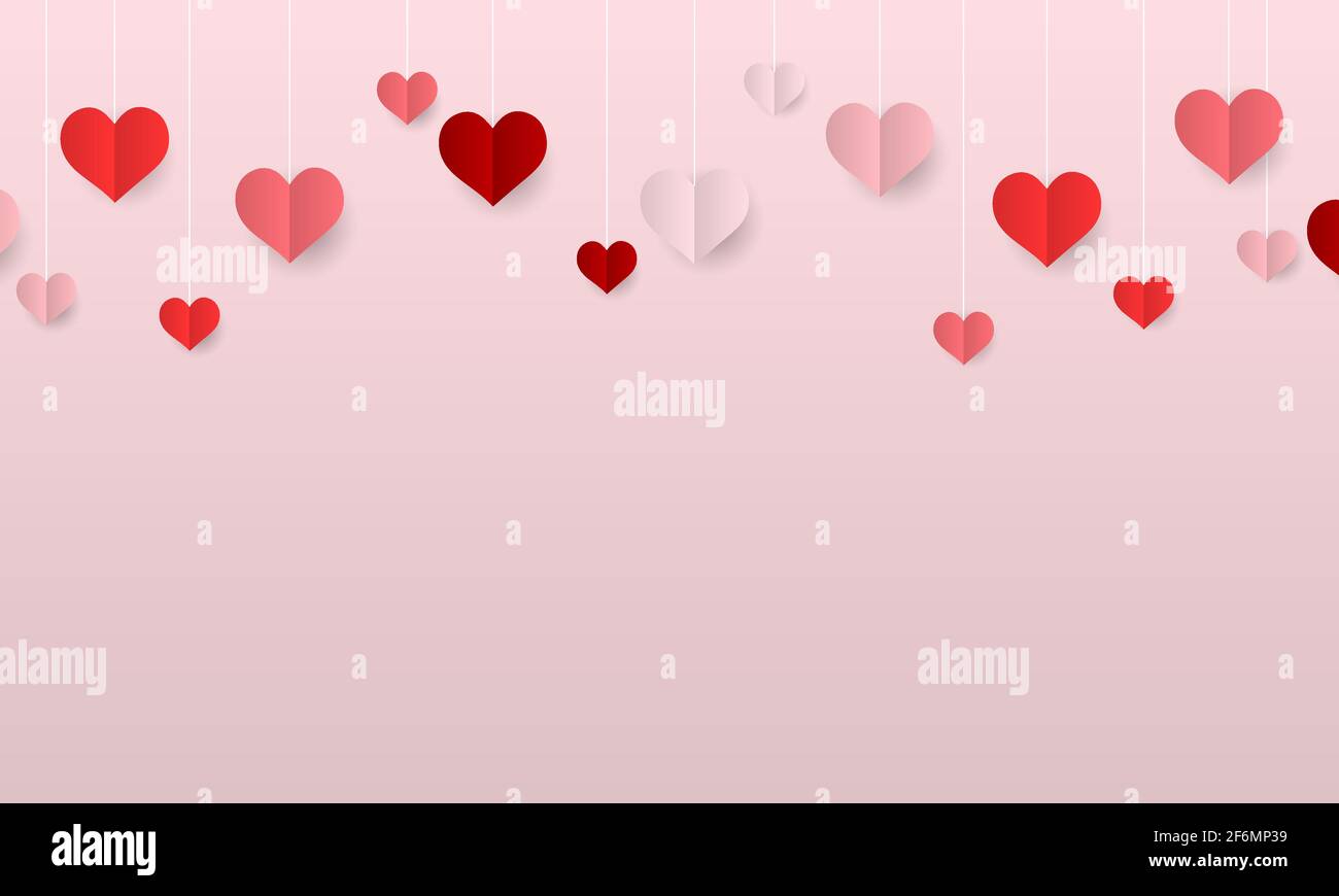 Valentines day background with hanging paper hearts. Vector ...