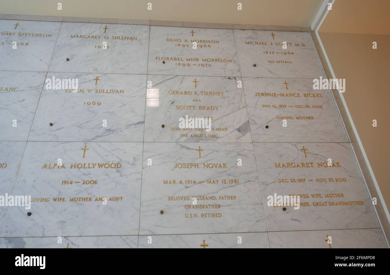 Culver City, California, USA 29th March 2021 A general view of atmosphere of actor Scott Brady's Grave, real name Gerard Tierney in Mauseolum at Holy Cross Cemetery on March 29, 2021 in Culver City, California, USA. Photo by Barry King/Alamy Stock Photo Stock Photo