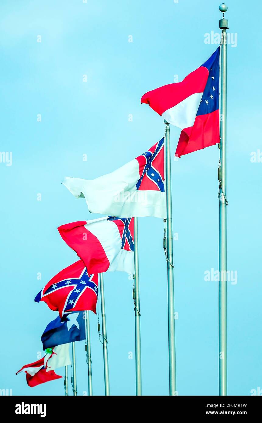 Confederate flags fly outside Beauvoir, the last home of Confederate president Jefferson Davis, March 27, 2021, in Biloxi, Mississippi. Stock Photo