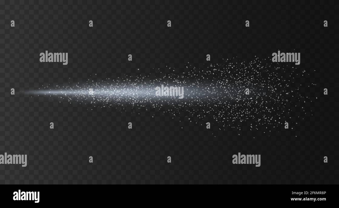 Water spray mist. Aerosol jet spraying. Steam or gas jet with particles. Vector illustration on