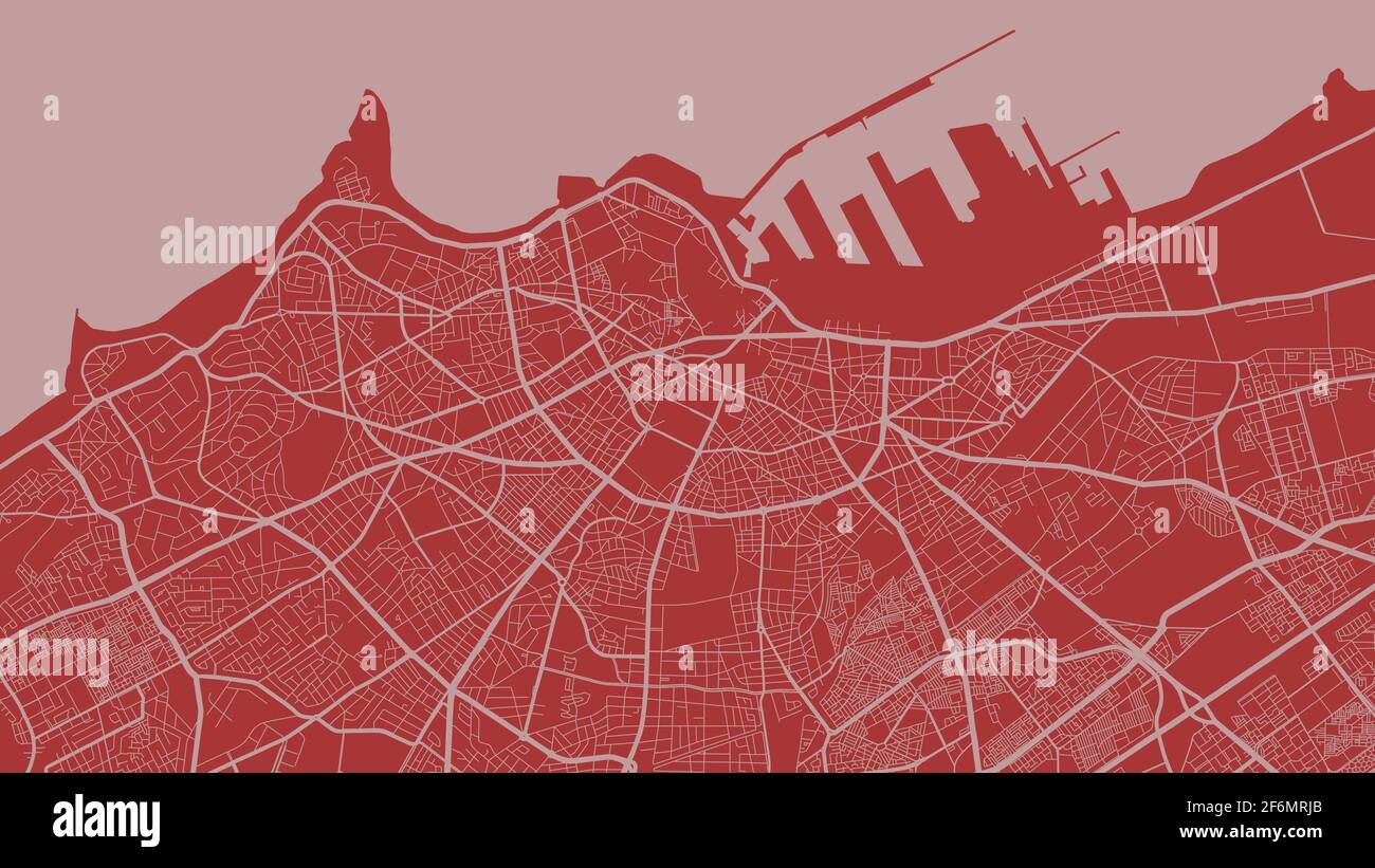 Red vector background map, Casablanca city area streets and water cartography illustration. Widescreen proportion, digital flat design streetmap. Stock Vector