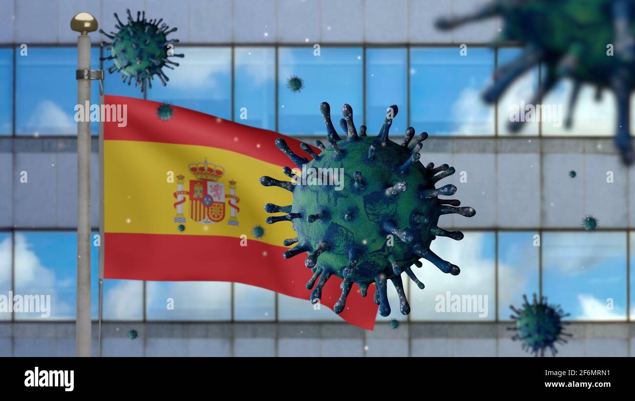 3D illustration Spanish flag waving on modern skyscraper city with ...