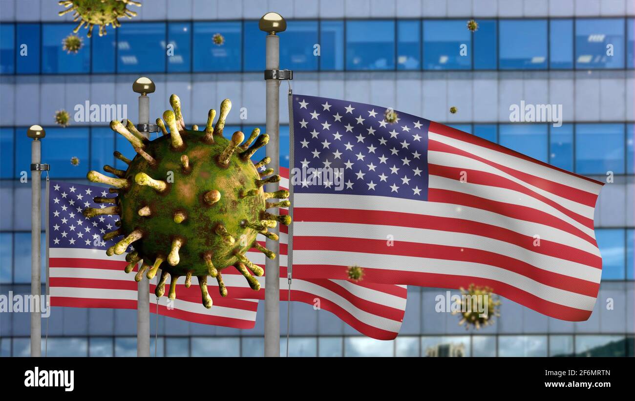 3D illustration American flag waving on modern skyscraper city with ...