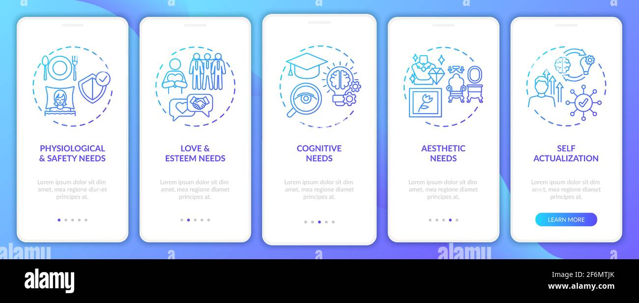 Human being needs navy onboarding mobile app page screen with concepts Stock Vector