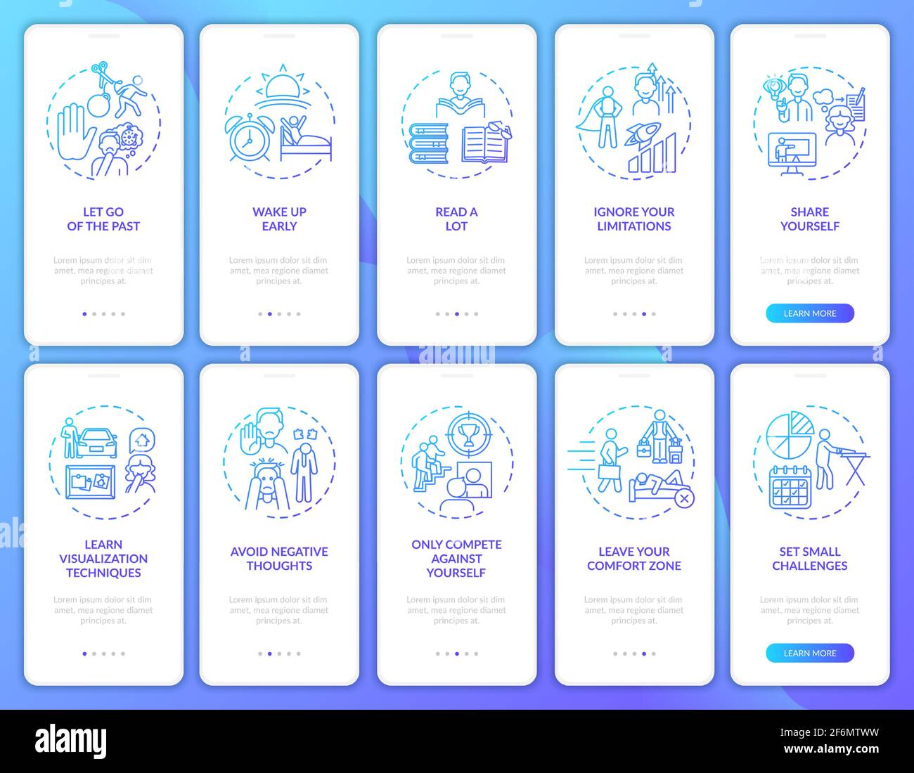 Self-development tips navy onboarding mobile app page screen with concepts set Stock Vector