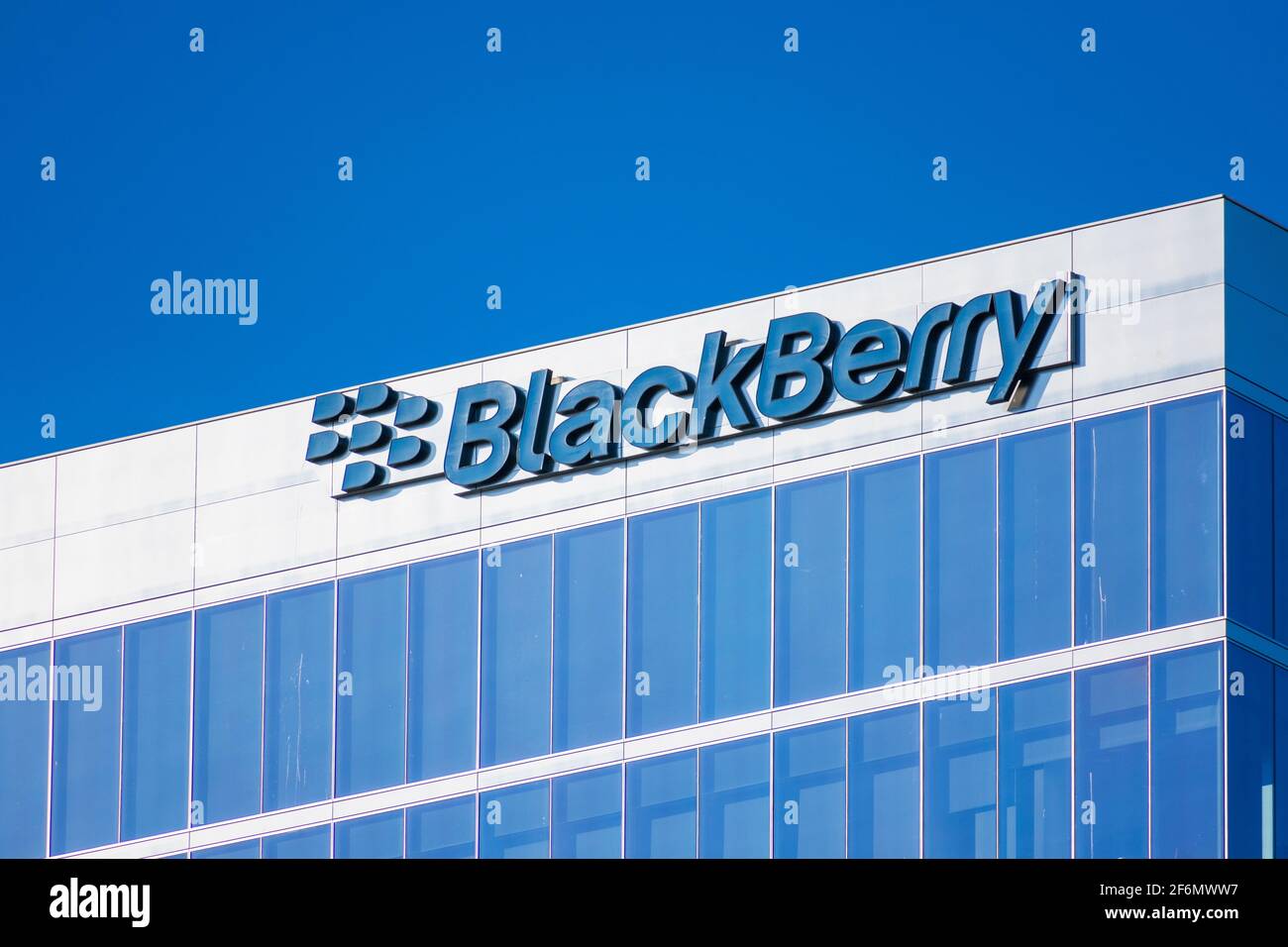 Blackberry logo sign on BlackBerry Limited campus. BlackBerry Ltd, former developer of the BlackBerry smartphones, specializes in enterprise software Stock Photo