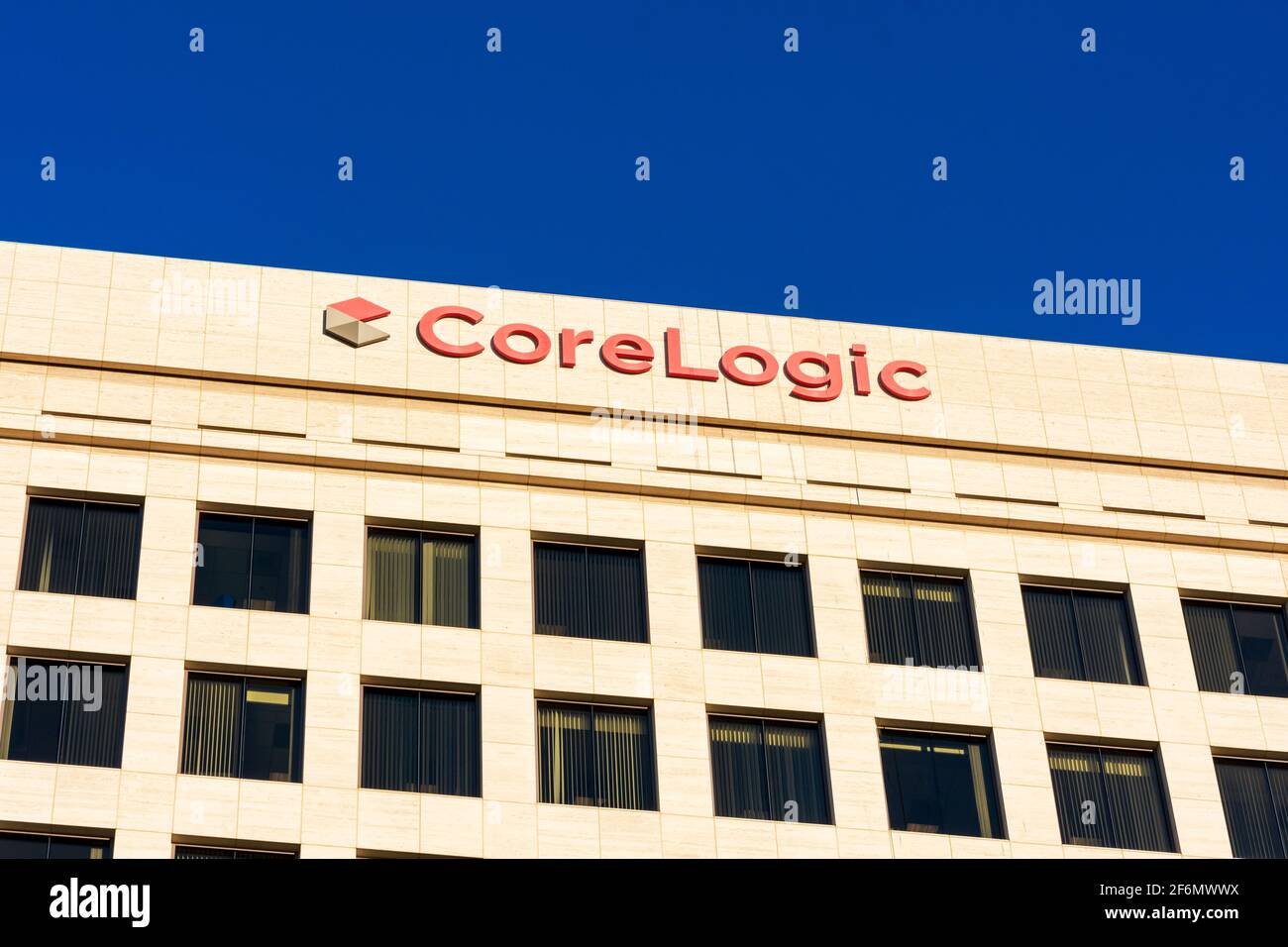 CoreLogic logo and sign on on headquarters building. CoreLogic, Inc. is provides financial, property, and consumer information, analytics, and busines Stock Photo