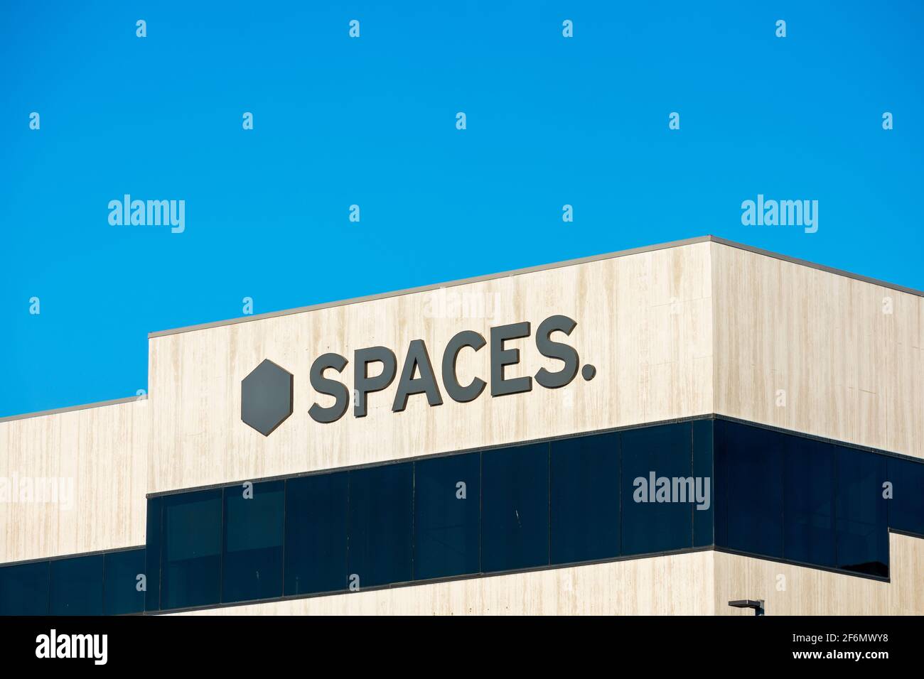 Spaces logo, sign on coworking office workspace chain campus. - Los Angeles, California, USA - 2020 Stock Photo