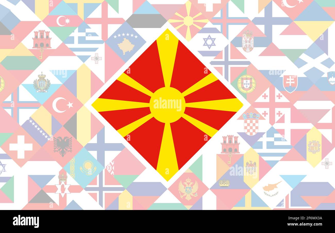 Flag background of European countries with big flag of Macedonia in the