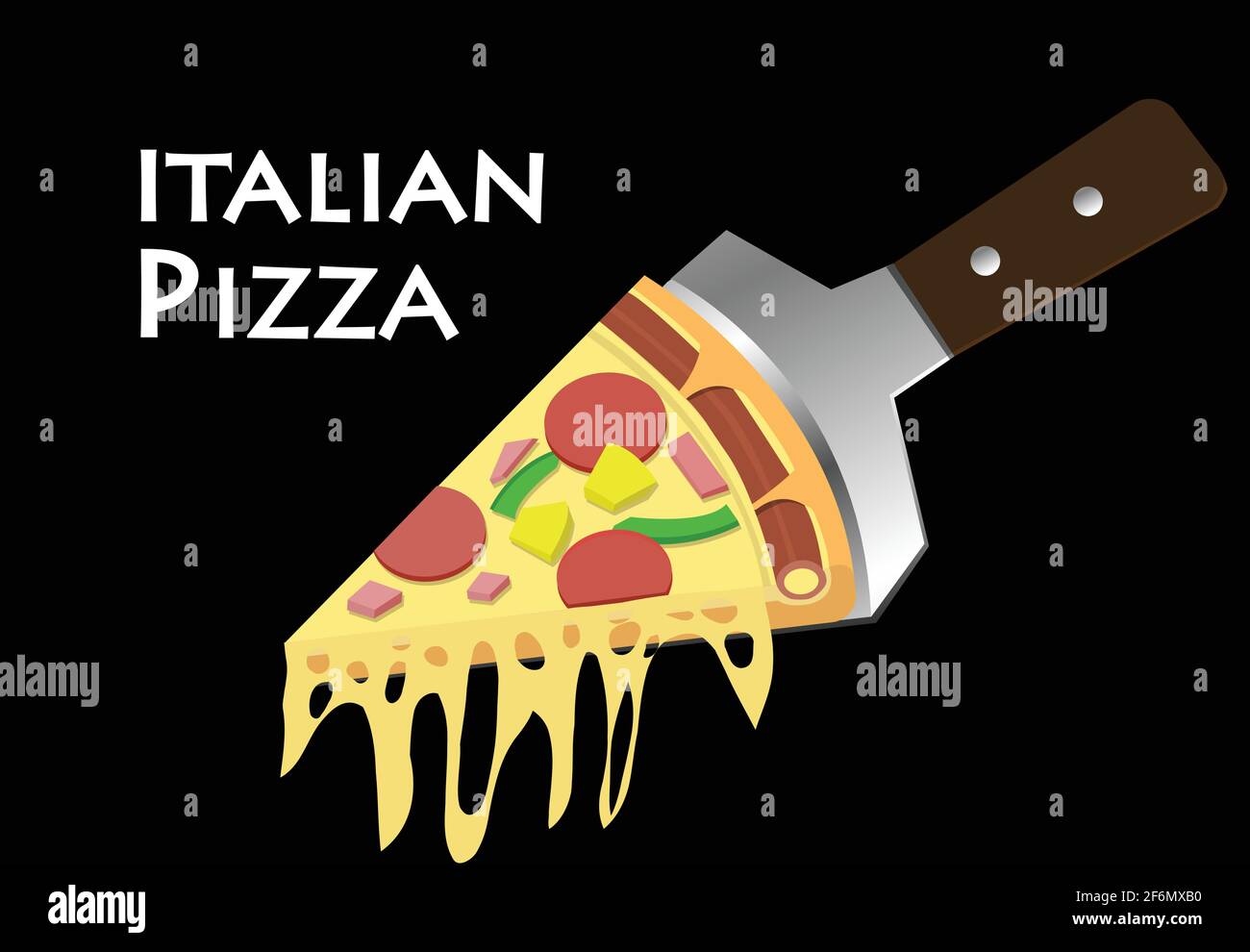 Pizza on spatula in black background, vector art design Stock Vector