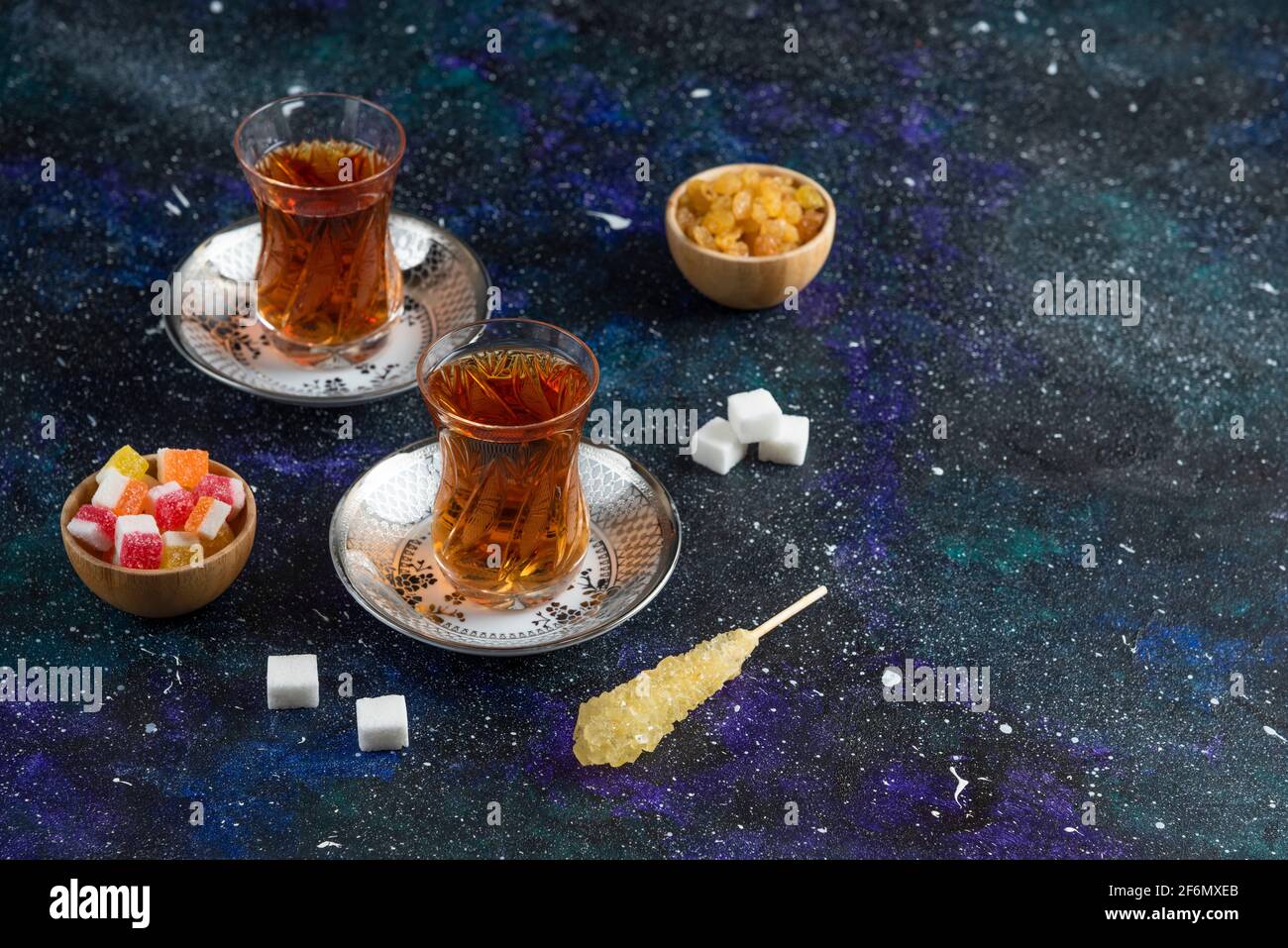 Traditional tea table. fragrant tea with candy Stock Photo