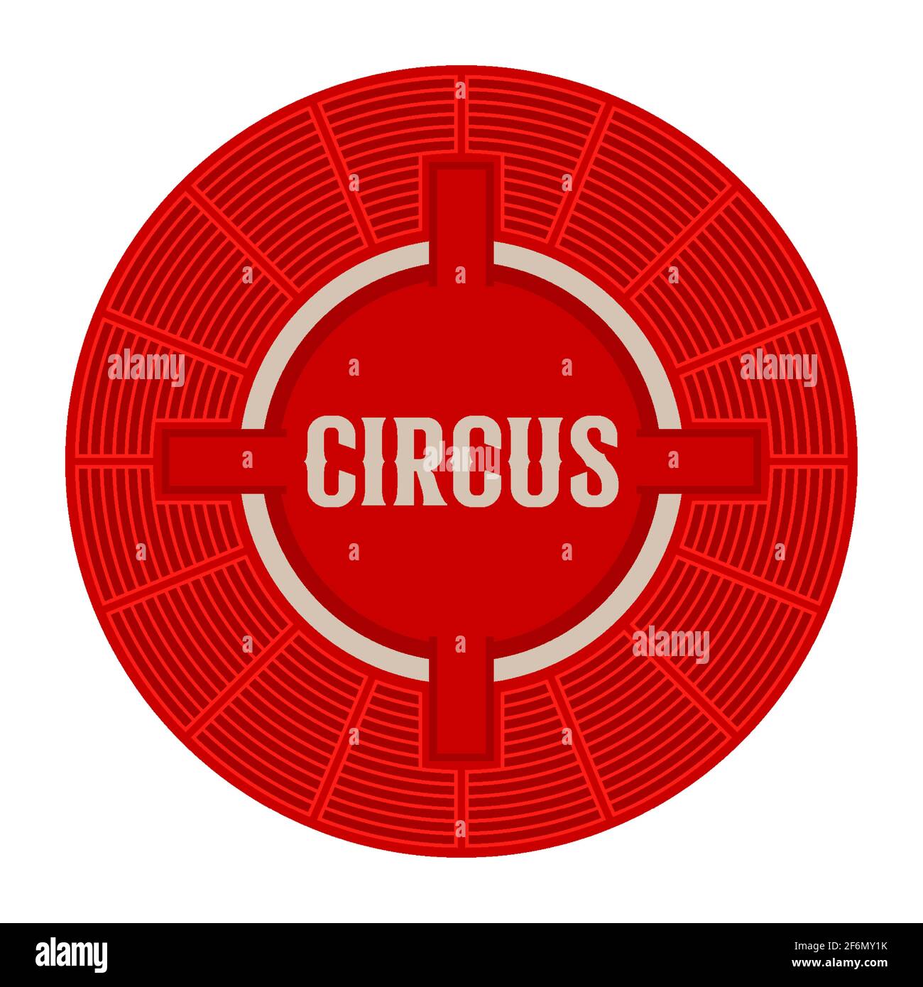 Circus red round circle emblem. Circus seats top view. Vintage circus font. Vector illustration isolated on white. Stock Vector
