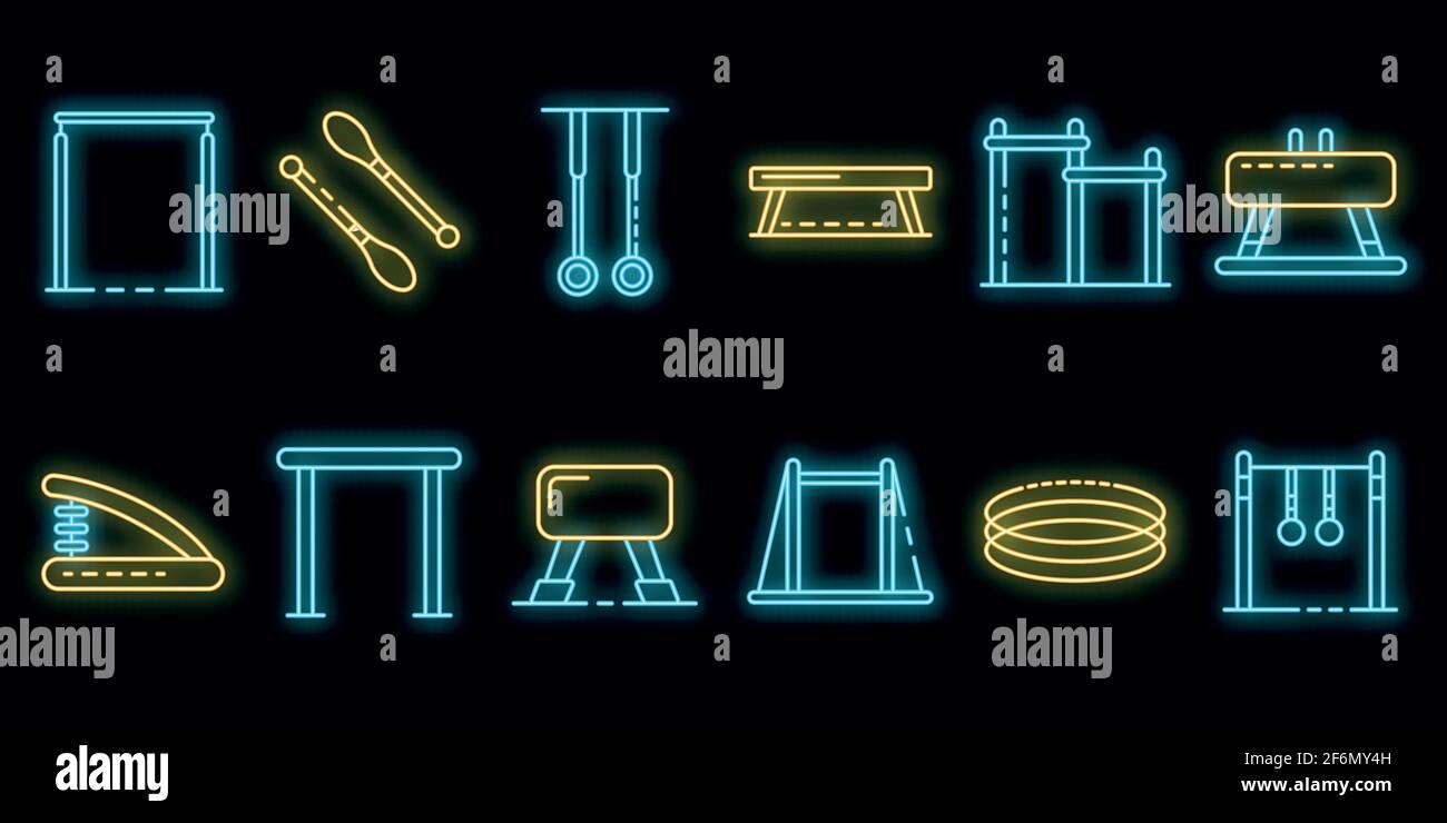 Gymnastics equipment icons set. Outline set of gymnastics equipment vector icons neon color on black Stock Vector