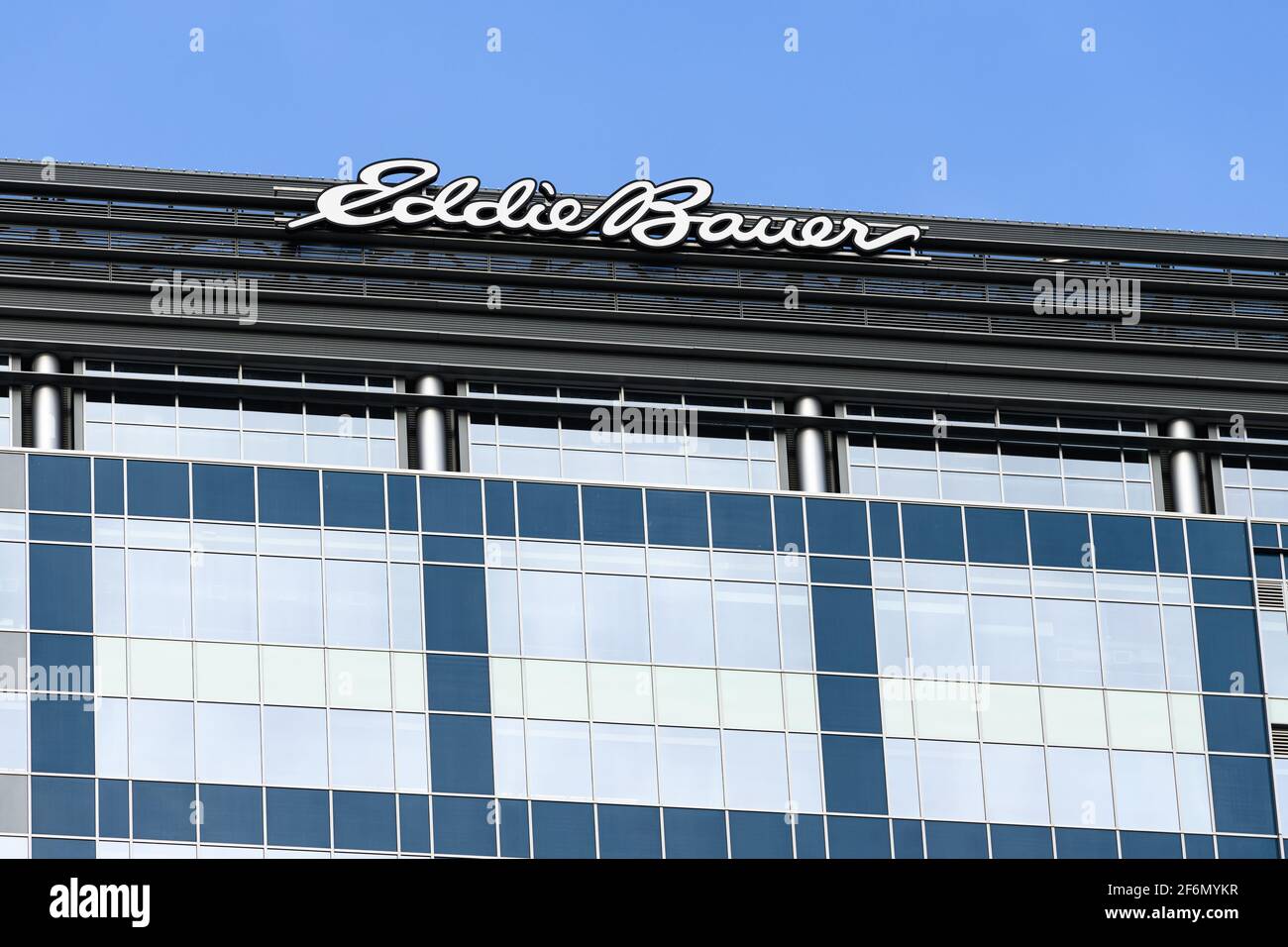 Bellevue, WA, USA - March 30, 2021; Logo on the heaquarters buikding of Eddie Bauer in Bellevue, Washington State Stock Photo