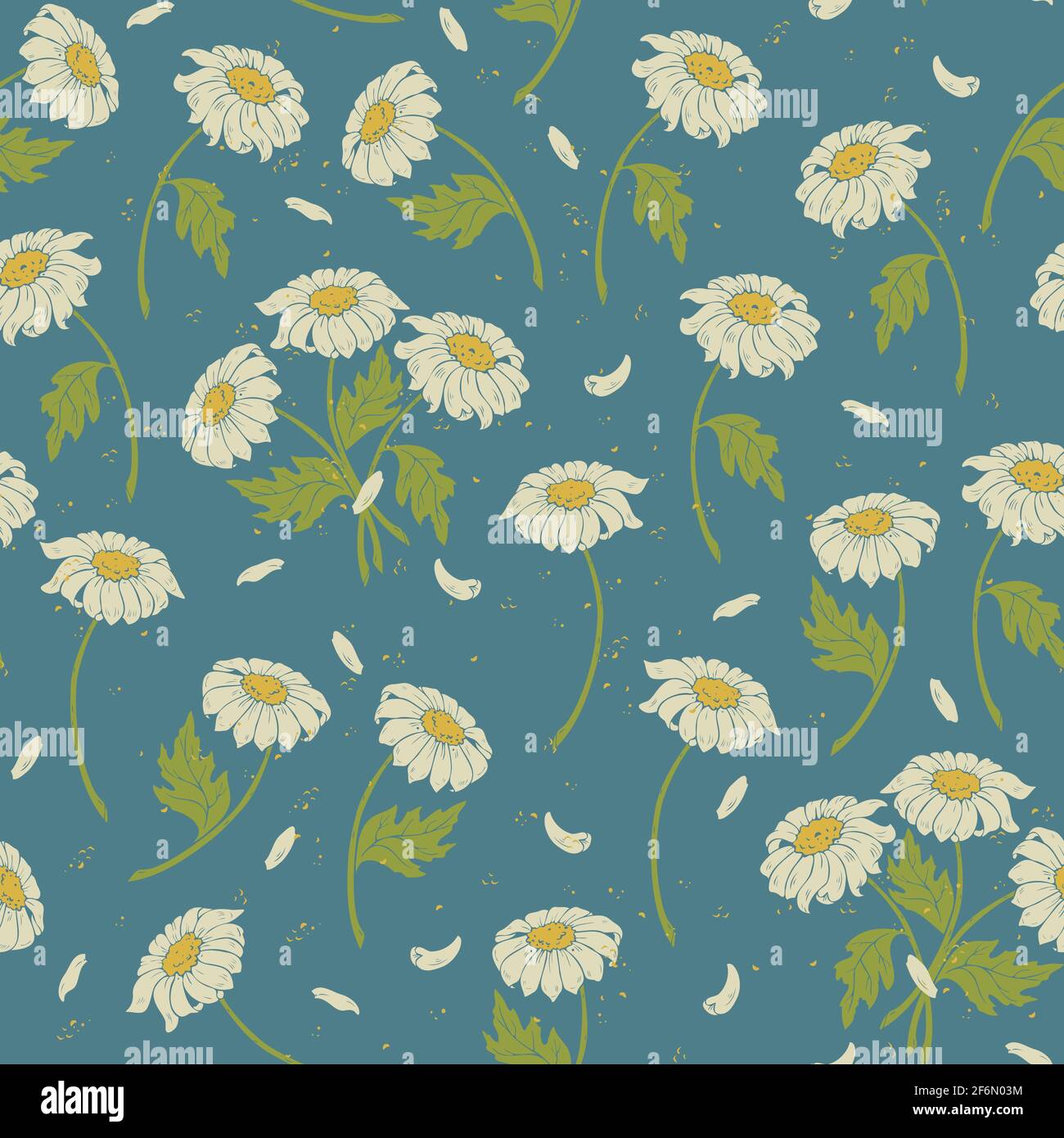 Vector seamless pattern with chamomiles. Vector flowers design on blue background. Stock Vector