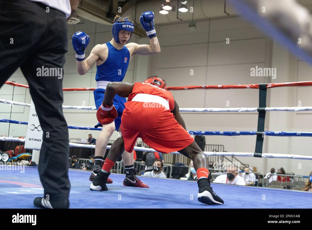 Shreveport, Louisiana, USA. 31st Mar, 2021. Dempsey Wooten of Mannford, OK fights Bobbie of Pettigrew Brooklyn on day 6 of the 2020 USA Boxing National Championships in Shreveport, LA. Credit: Allyse Pulliam/ZUMA Wire/Alamy Live News Stock Photo