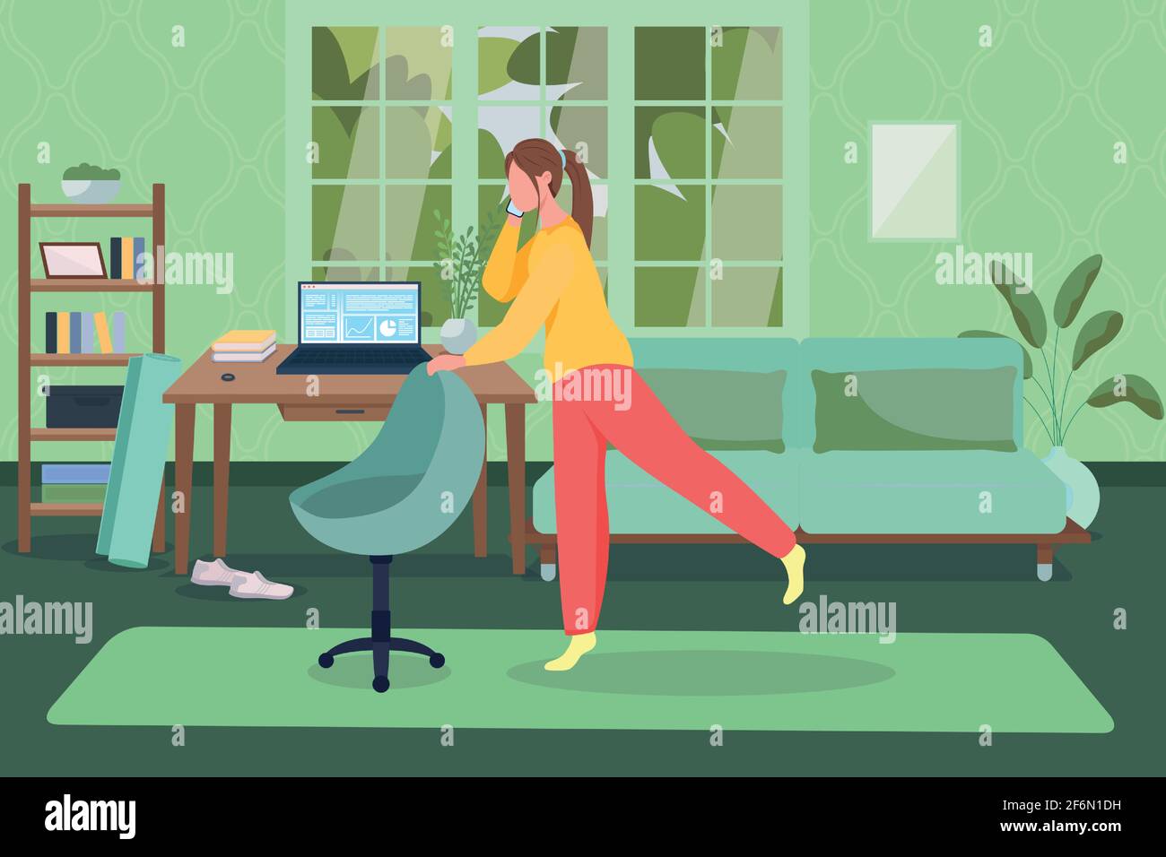 Workout at home office flat color vector illustration Stock Vector