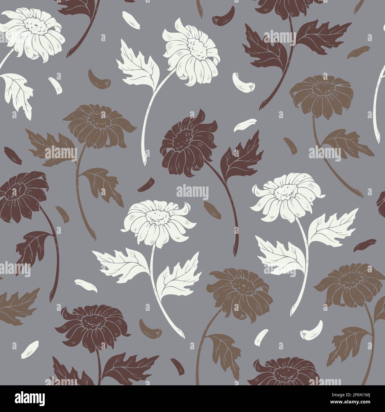 Vector seamless pattern with silhouettes of daisy flowers. Vector flowers design. Stock Vector