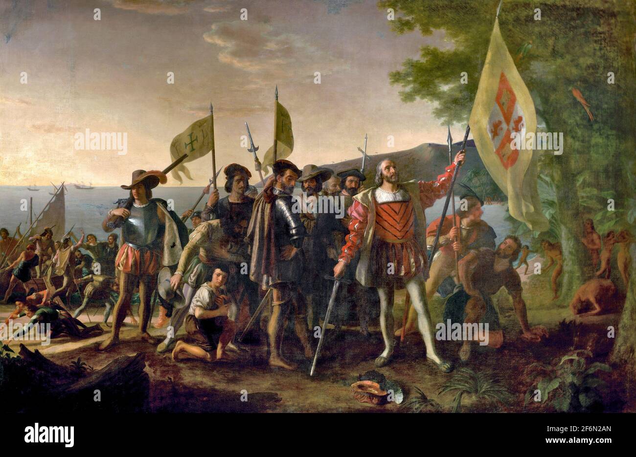 Landing of Columbus - Christopher Columbus is depicted landing in the West Indies, on an island that the natives called Guanahani and he named San Salvador, on October 12, 1492. He raises the royal banner, claiming the land for his Spanish patrons, and stands bareheaded, with his hat at his feet, in honor of the sacredness of the event. The captains of the Niña and Pinta follow, carrying the banner of Ferdinand and Isabella. The crew displays a range of emotions, some searching for gold in the sand. Natives watch from behind a tree - John Vanderlyn, 1847 Stock Photo