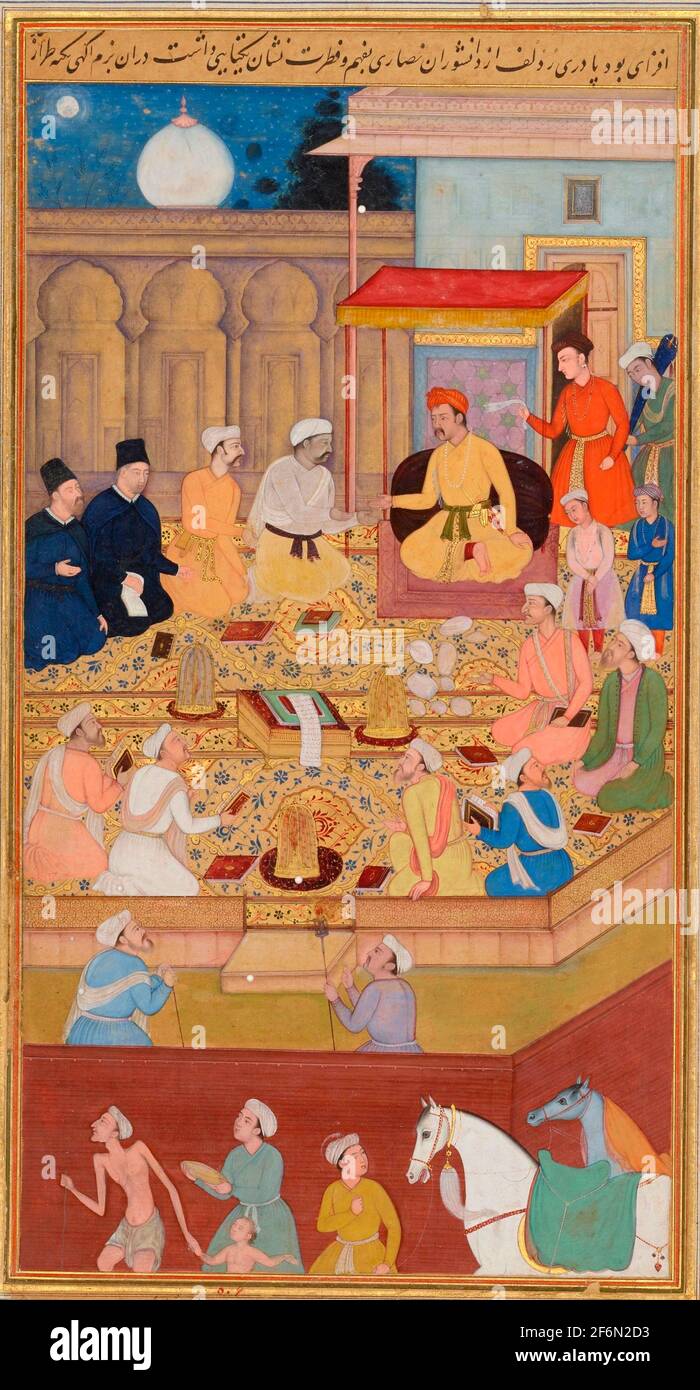 Mughal Emperor Akbar (r. 1556-1605) holds a religious assembly in the Ibadat Khana (House of Worship) in Fatehpur Sikri; the two men dressed in black are the Jesuit missionaries Rodolfo Acquaviva and Francisco Henriques, circa 1605 Stock Photo