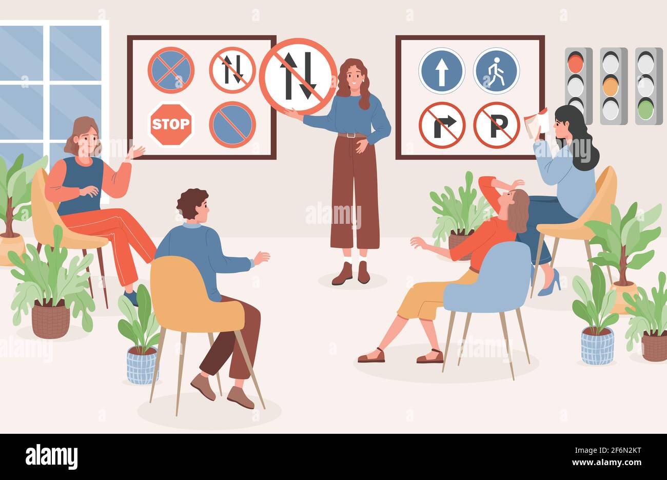 People sit in classroom, learning driving theory, road signs, traffic