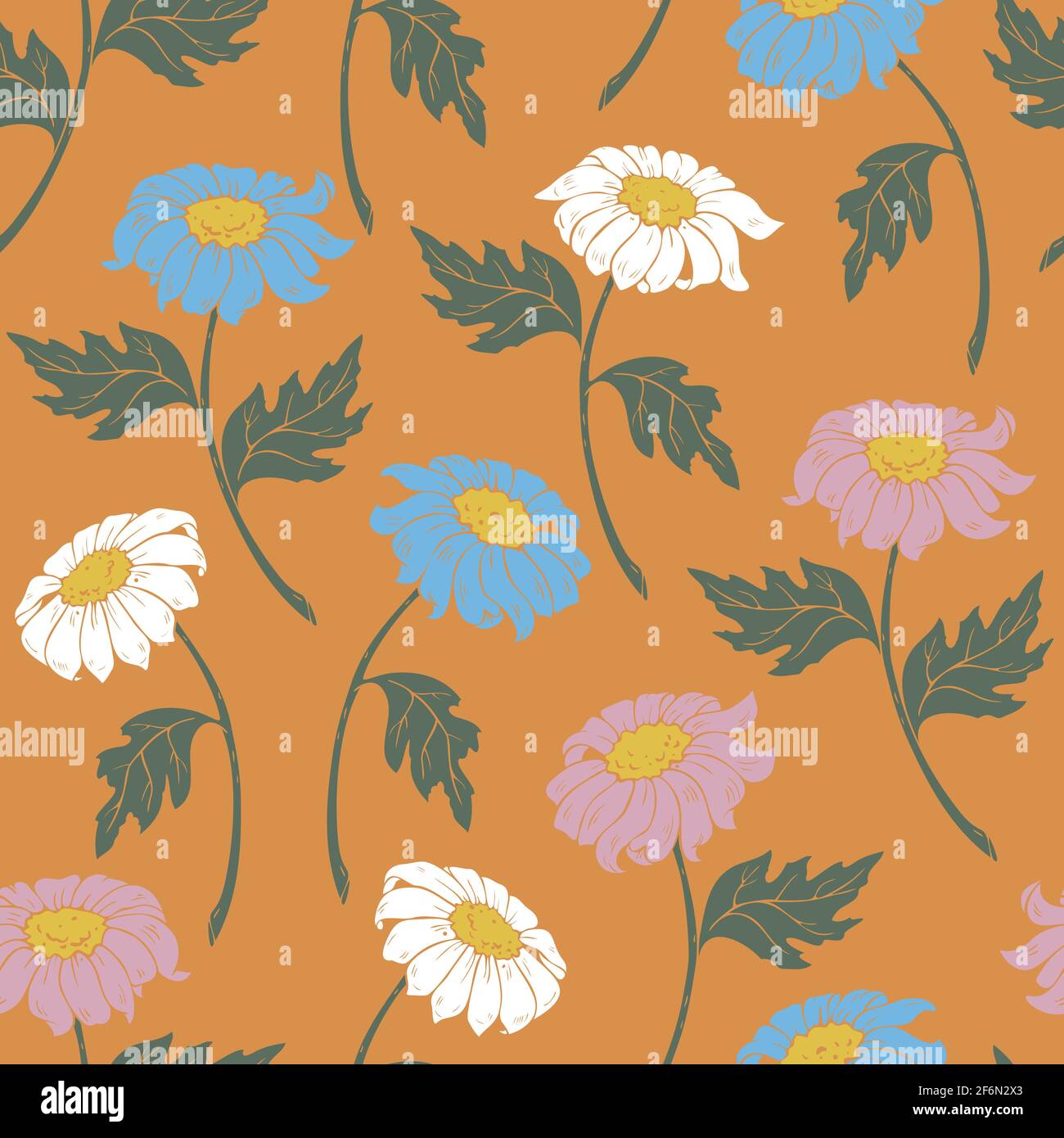Vector seamless pattern with daisy flowers different colours. Vector flowers design on orange background. Stock Vector