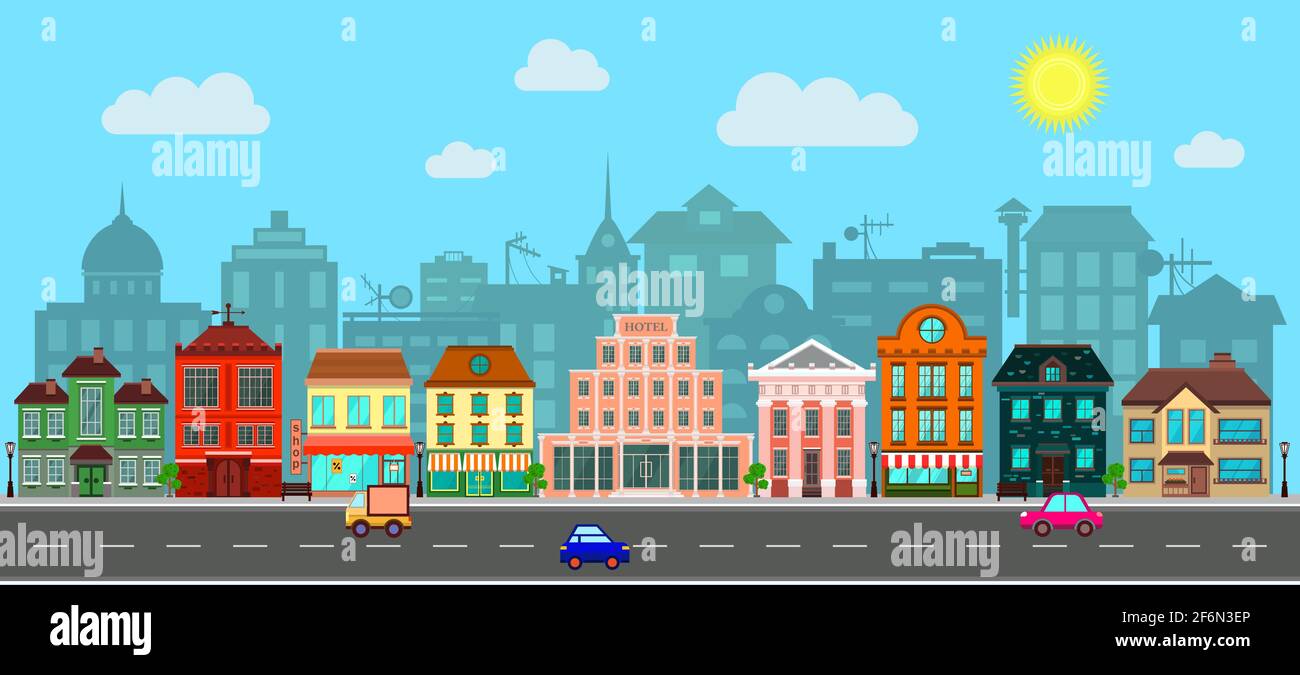City Street in a Flat Design and Set of Urban Buildings. Stock Vector