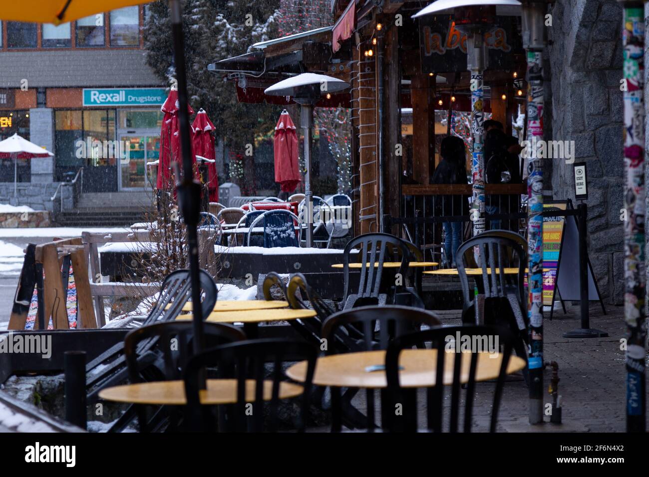 WHISTLER, BC, CANADA FEB 18, 2021 Whistler Village empty restaurant