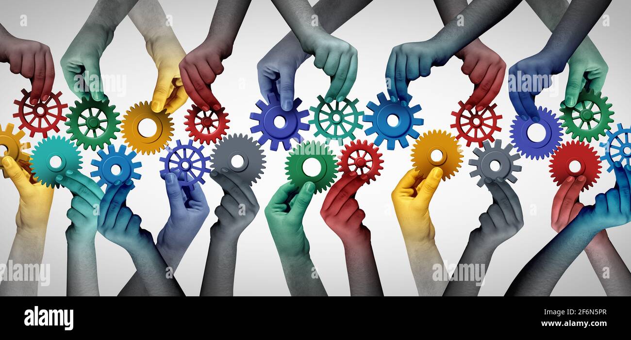 Team collaboration concept and connecting unity or teamwork idea as a business metaphor for joining a partnership as diverse people connected. Stock Photo