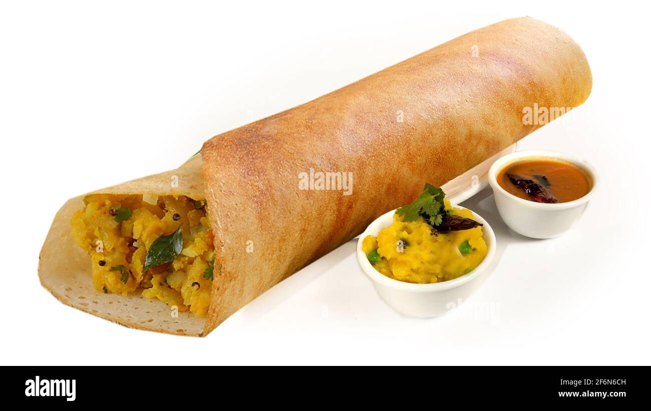 South Indian Masala Dhosa or dosa served with sambhar, coconut chutney
