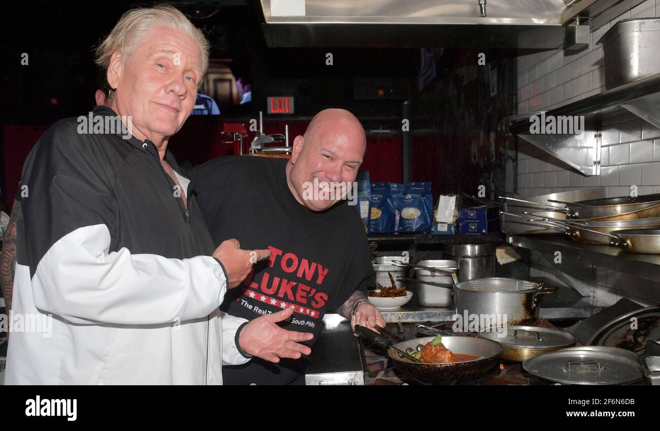 FORT LAUDERDALE; FL - APRIL 01: (NO SALES TO NEW YORK POST) (EXCLUSIVE COVERAGE) Gravesend Actors William Forsyth, Bruce Soscia, Tony Luke Jr of  Tony Luke's Cheese Steak and comedian Vic Dibitetto went into the kitchen to cook with fellow Actor, cook and Owner Steve Martorano The “Godfather of Italian-American cooking” on April 1, 2021 At Cafe Martorano in Fort Lauderdale, Florida  People:  William Forsyth,Tony Luke Credit: Storms Media / MediaPunch Stock Photo