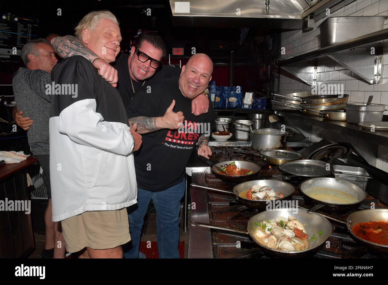FORT LAUDERDALE; FL - APRIL 01: (NO SALES TO NEW YORK POST) (EXCLUSIVE COVERAGE) Gravesend Actors William Forsyth, Bruce Soscia, Tony Luke Jr of  Tony Luke's Cheese Steak and comedian Vic Dibitetto went into the kitchen to cook with fellow Actor, cook and Owner Steve Martorano The “Godfather of Italian-American cooking” on April 1, 2021 At Cafe Martorano in Fort Lauderdale, Florida  People:  William Forsyth, Bruce Soscia,Tony Luke Credit: Storms Media / MediaPunch Stock Photo