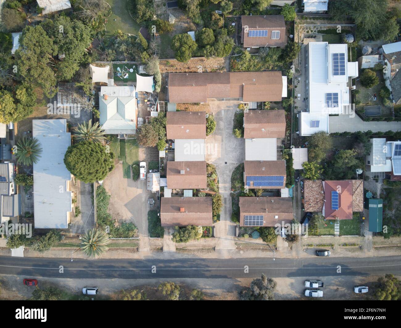 Aerial houses Australia urban street scene with houses, vehicles and