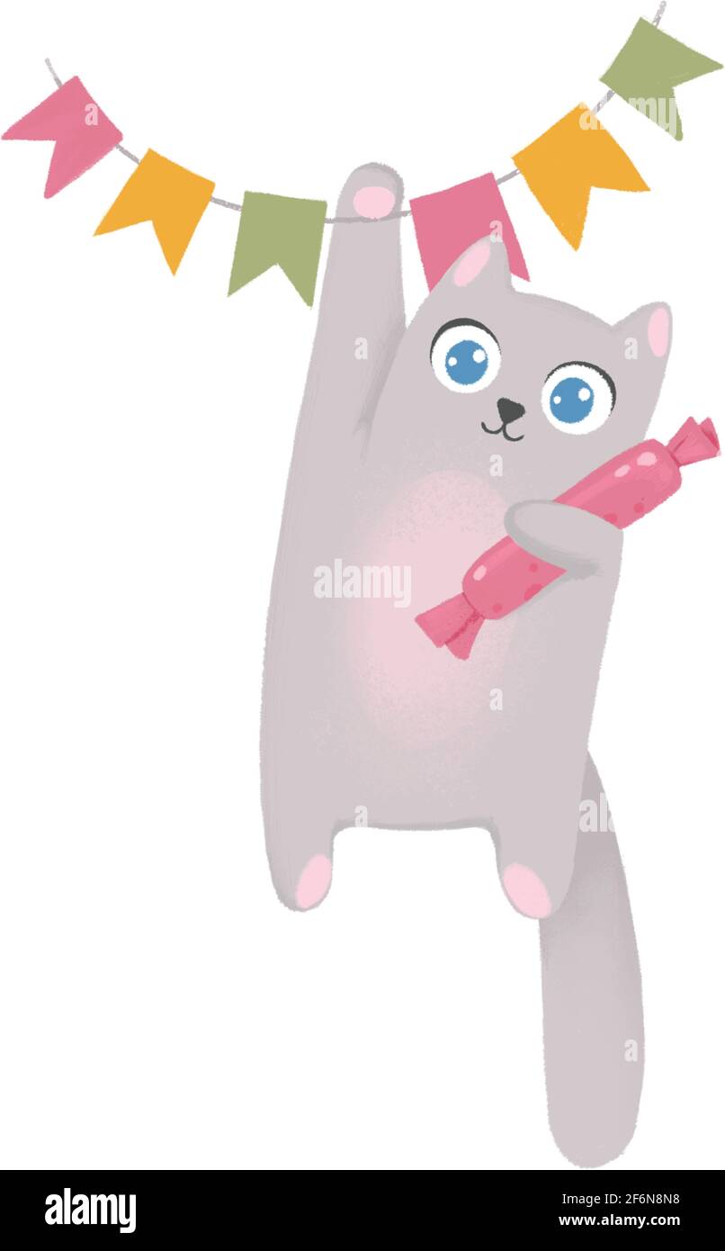 Scene with cute birthday cat. Pet emotions. Friendly, scared, sharing