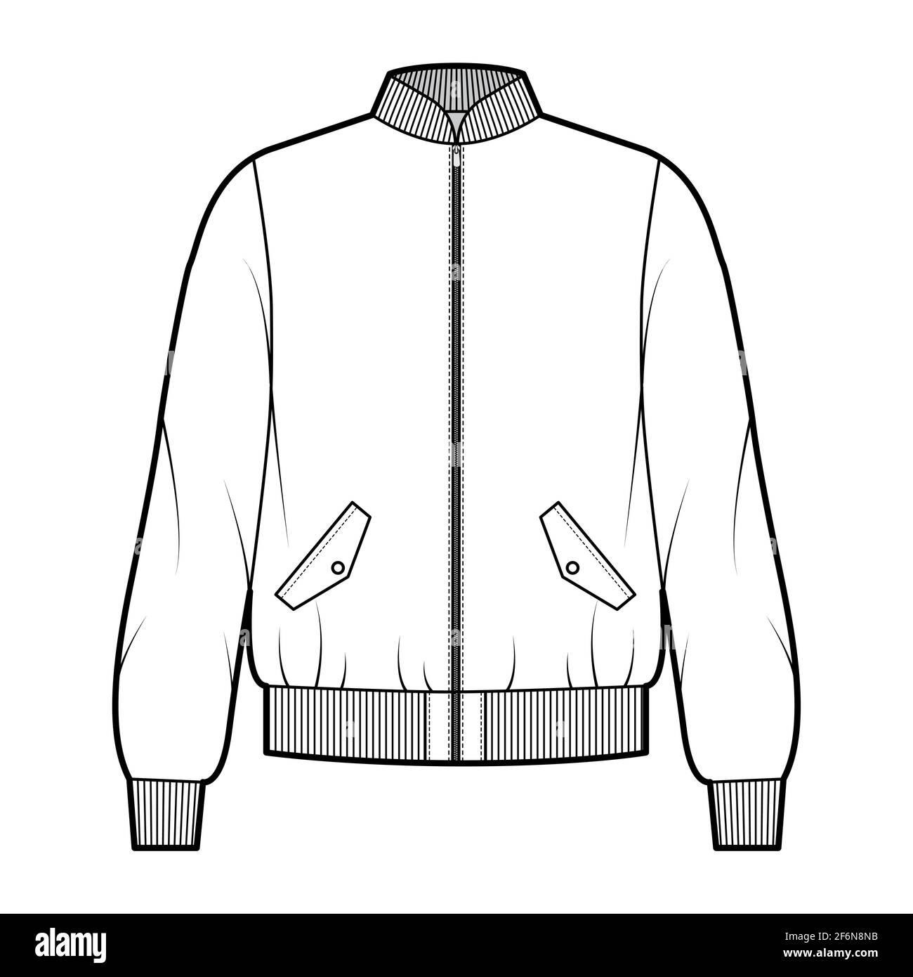 Zip-up Bomber ma-1 flight jacket technical fashion illustration with Rib baseball collar, cuffs, waistband , oversized, flap pockets. Flat coat template front, white color. Women men unisex CAD mockup Stock Vector