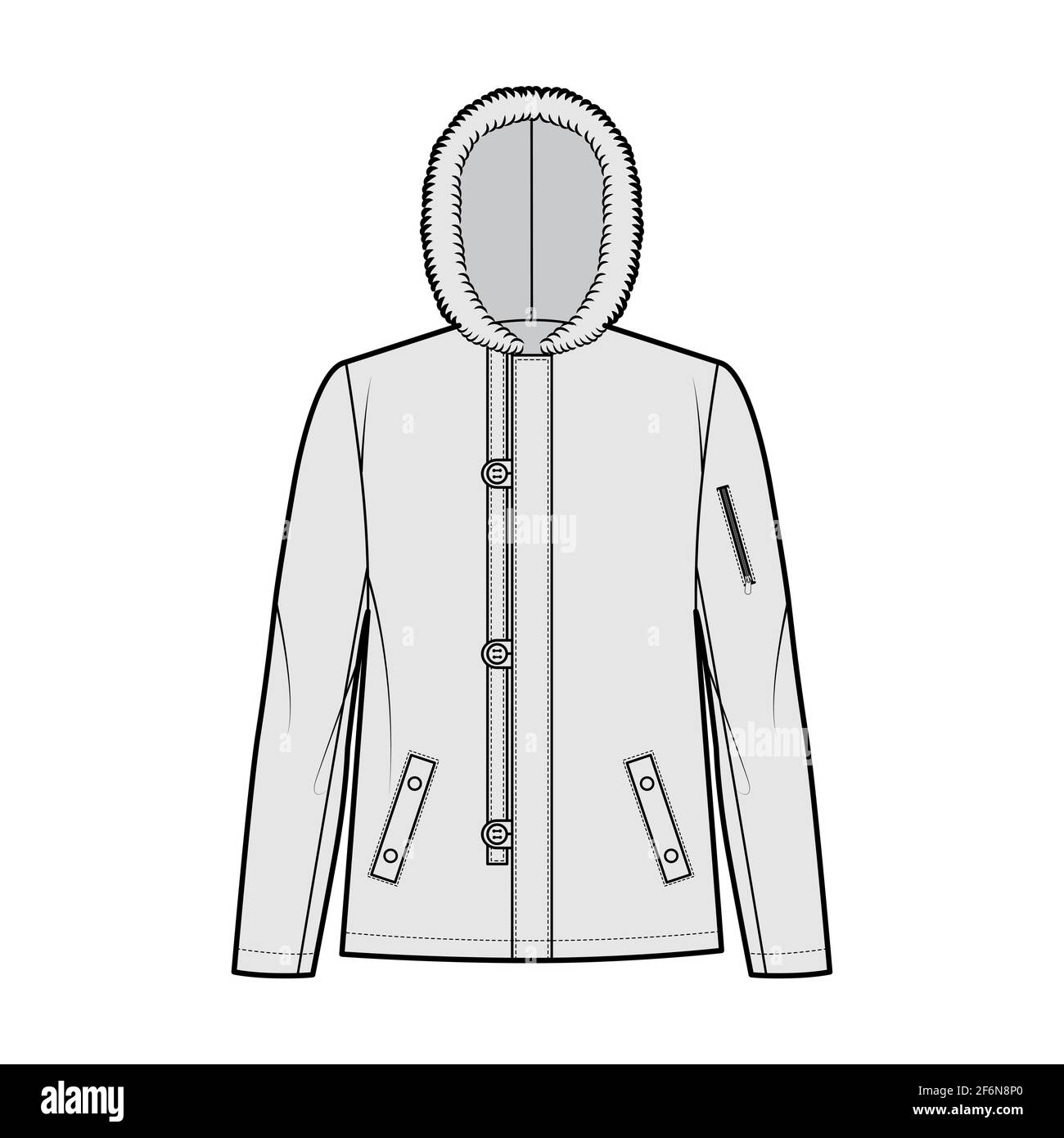 N-2B flight jacket technical fashion illustration with oversized, fur hood, long sleeves, flap pockets, button loop opening. Flat coat template front, grey color style. Women men unisex top CAD mockup Stock Vector