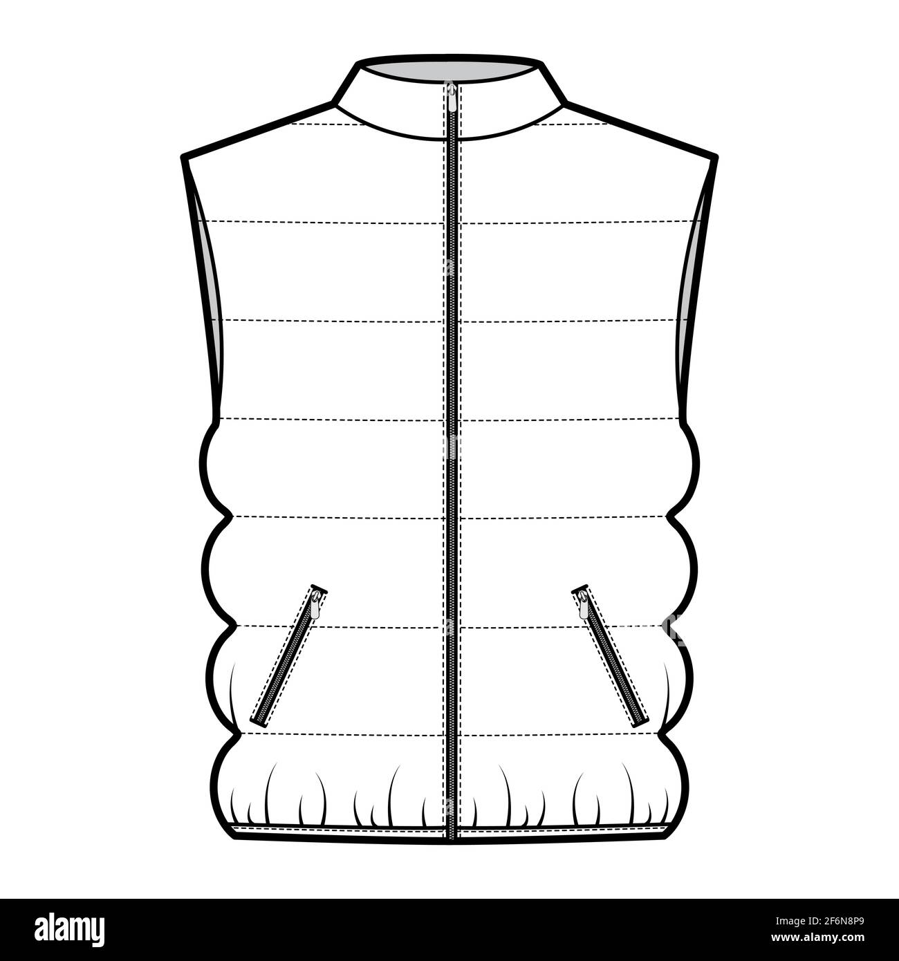 Down vest puffer waistcoat technical fashion illustration with sleeveless, stand collar, zip-up closure, pockets, oversized body. Flat template front, white color style. Women, men, unisex CAD mockup Stock Vector