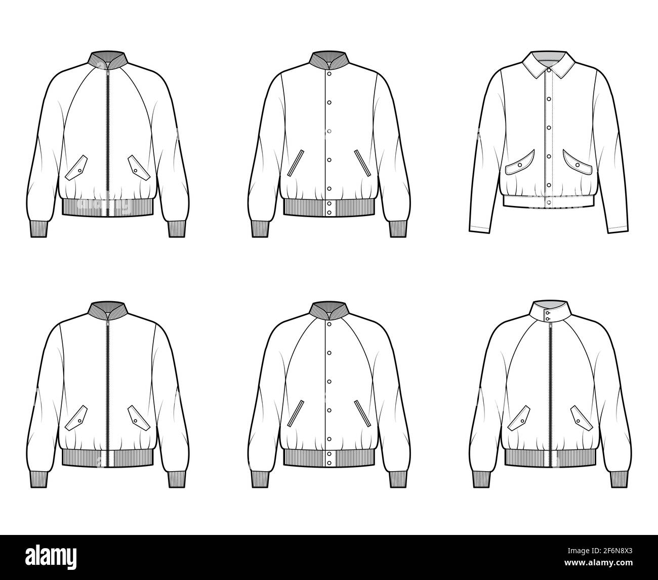 Set of Bomber jackets technical fashion illustration with Rib baseball collar, cuffs, oversized, long raglan sleeves, flap pockets. Flat coat template front, white color. Women, men, unisex top CAD Stock Vector